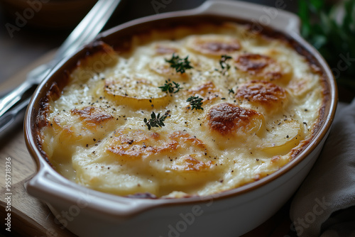 Delicious creamy gratin dauphinois with golden melted cheese served warm in a rustic kitchen setting photo