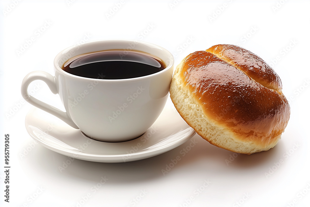 Cup of coffee and bun on white background. Cup of coffee and bun on white background.