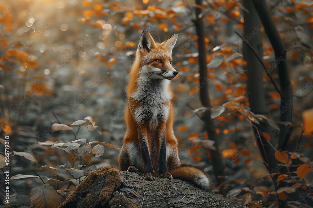 Fox sitting on a tree stump in forest during fall season. Fox sitting on a tree stump in forest during fall season.