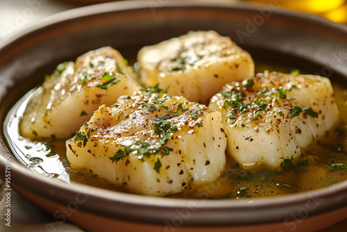 Delight in bacalao al pil pil, a savory dish of salted cod infused with rich emulsified sauce, served elegantly in a rustic bowl