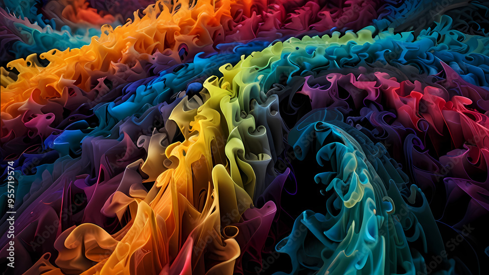 Vibrant, colorful smoke spiraling and twisting in a chaotic yet harmonious way, creating an abstract landscape of color and texture Vibrant, colorful smoke spiraling and twisting in a chaotic yet harmonious way, creating an abstract landscape of color and texture