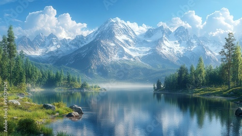 serene landscape featuring crystalclear lake reflecting snowcapped mountains lush pine forest framing tranquil scene soft morning mist adding ethereal atmosphere