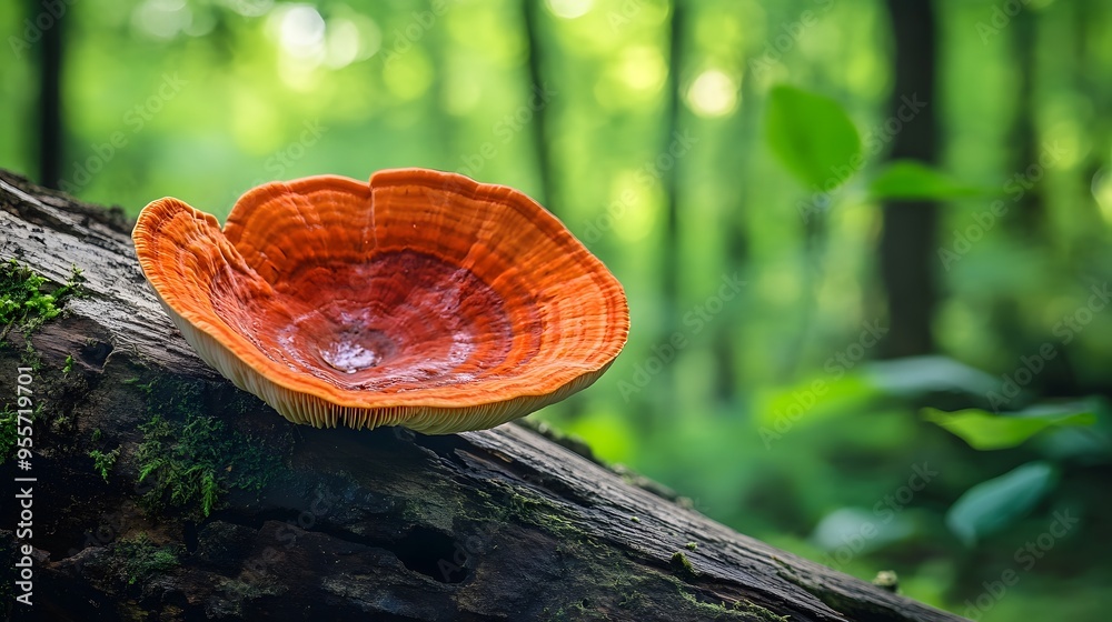 Closeup Of A Red Reishi Mushroom Growing On A Fallen Log In A Forest Closeup Of A Red Reishi Mushroom Growing On A Fallen Log In A Forest