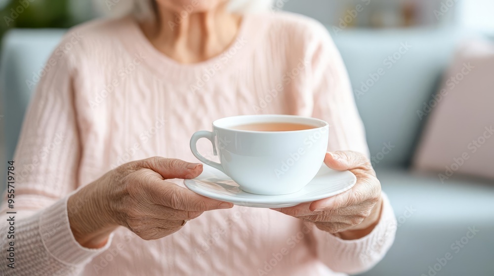 Senior woman enjoying a tea break with her caregiver, soft lighting, calm and nurturing environment Senior woman enjoying a tea break with her caregiver, soft lighting, calm and nurturing environment