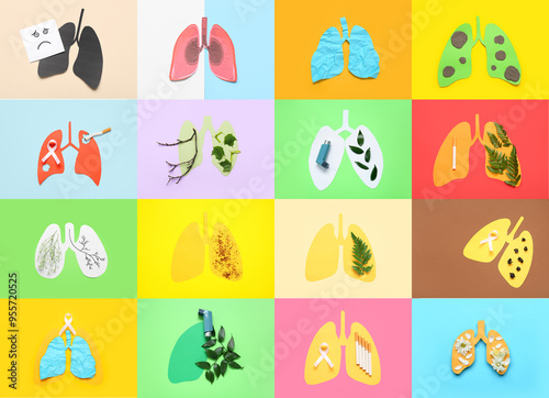 Set of paper lungs on color background