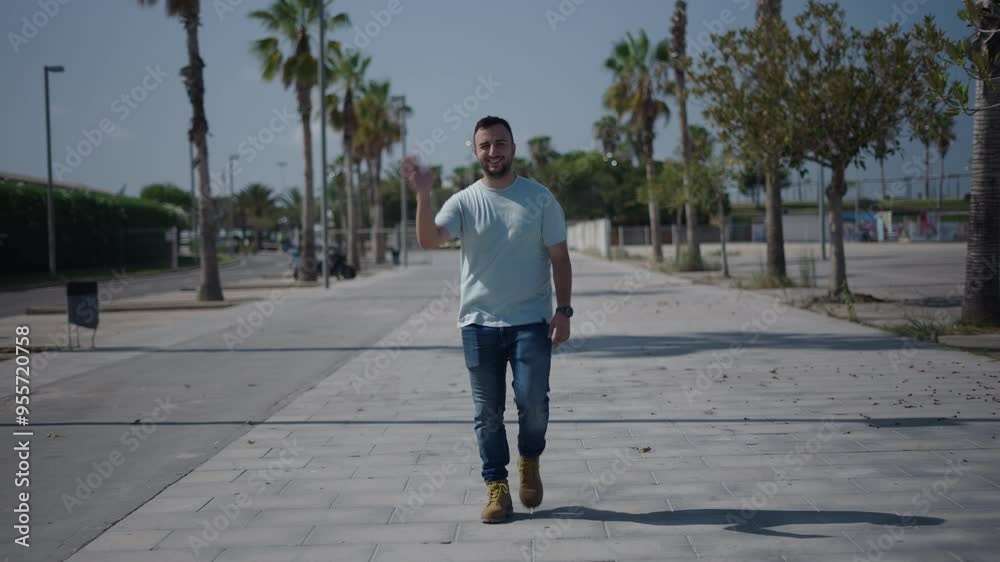 Young Caucasian boy walking facing the camera waving with the smartphone in his pocket along the concrete walkway between the palm trees Young Caucasian boy walking facing the camera waving with the smartphone in his pocket along the concrete walkway between the palm trees