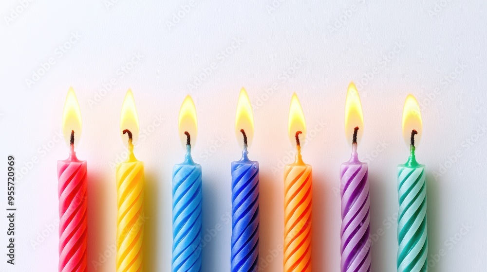 Bright, multicolored birthday candles arranged in a row on a white background with ample copy space above for text. Bright, multicolored birthday candles arranged in a row on a white background with ample copy space above for text.