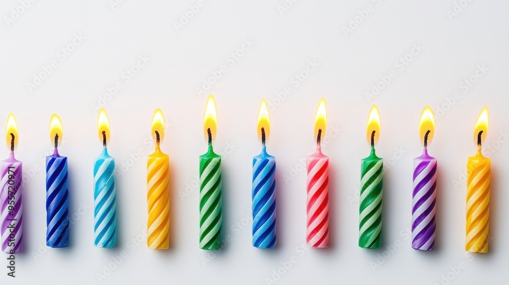 Bright, multicolored birthday candles arranged in a row on a white background with ample copy space above for text. Bright, multicolored birthday candles arranged in a row on a white background with ample copy space above for text.