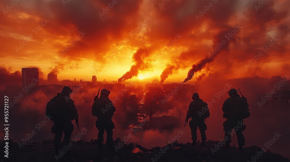 Obraz premium silhouetted soldiers in combat stance against apocalyptic sky ruins of city in background dramatic lighting and smoke creating tense atmosphere