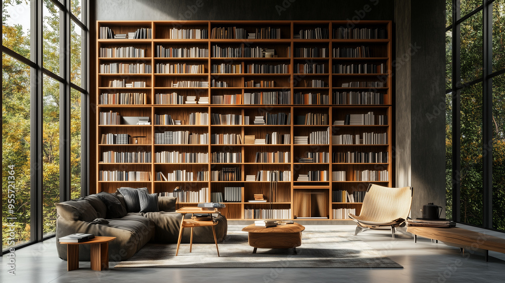 Rozbudowana biblioteczka z licznymi książkami w przytulnym wnętrzu. Rozbudowana biblioteczka z licznymi książkami w przytulnym wnętrzu.