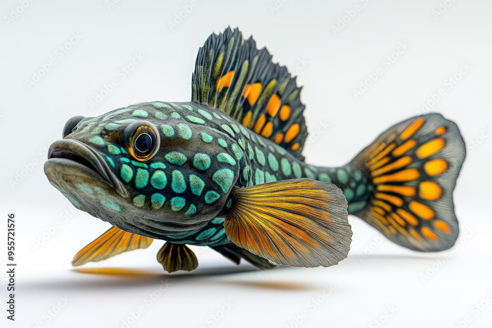 Fototapeta premium Colorful Spotted Fish with Orange Fins Isolated on White Background