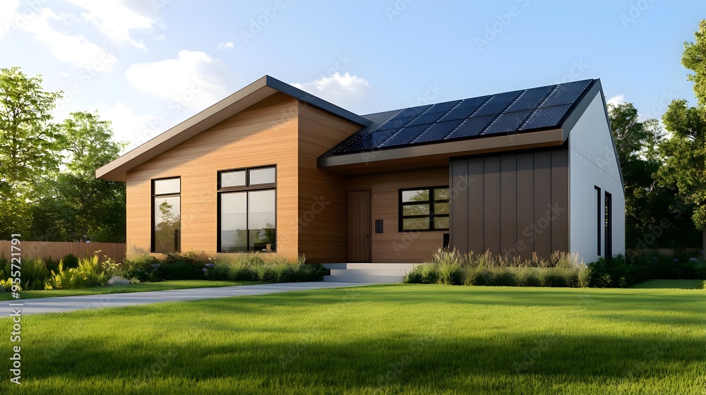 Sustainable Modern House with Solar Panels in Lush Green Landscape Sustainable Modern House with Solar Panels in Lush Green Landscape
