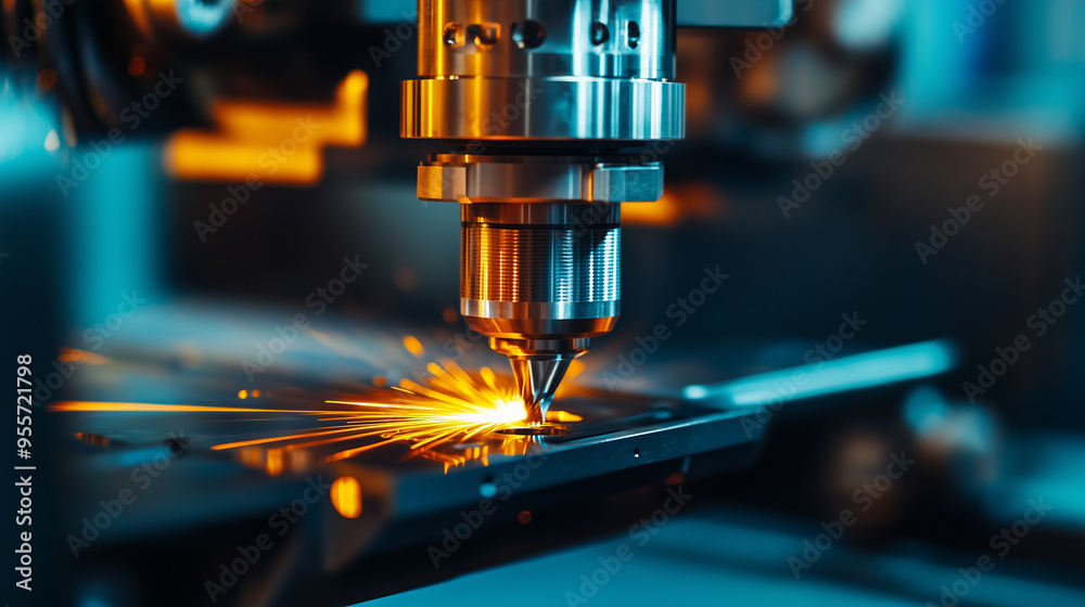 Obraz premium Współczesna maszyna CNC do frezowania metali, wykonująca precyzyjne cięcia. Mała głębia ostrości podkreśla nowoczesność i technologiczną zaawansowanie procesu.