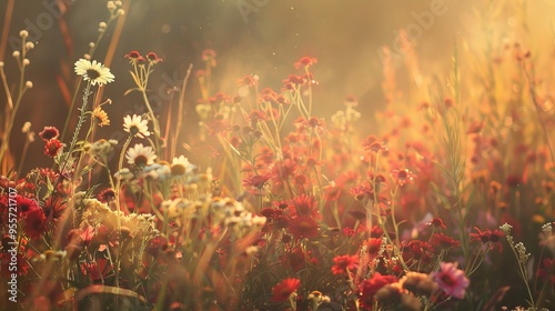 Charming meadow flowers blooming in a vibrant autumn landscape under a sunny morning sky