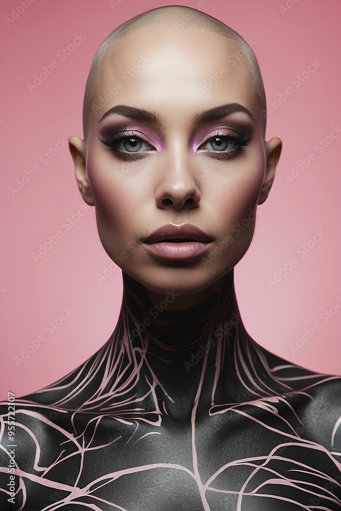 Bald woman fashion model posing in the studio. Calligraphy on the face of a young girl body art on a black and pink background