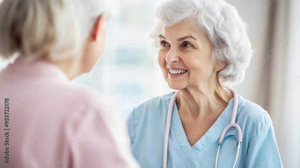 Senior woman with her caregiver during a health check-up, organized and attentive care, professional setting Senior woman with her caregiver during a health check-up, organized and attentive care, professional setting