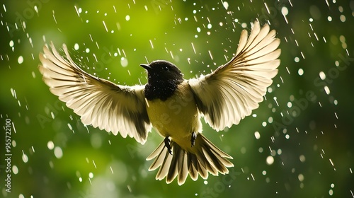 Powerful Winged Creature in Flight with Raindrops Against Green Foliage Background photo