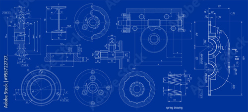Vector engineering drawing of steel mechanical 
parts with through holes. 
Industrial cad scheme on white paper sheets. 
Technology background.