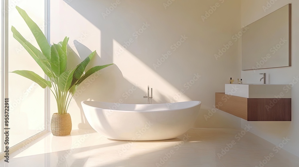 A stylish bathroom with a minimalist design, featuring a white bathtub, uncluttered surfaces, and natural light. A stylish bathroom with a minimalist design, featuring a white bathtub, uncluttered surfaces, and natural light.