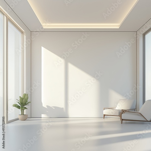 ultrarealistic.modern white room with big blank wall and gigh celling photo