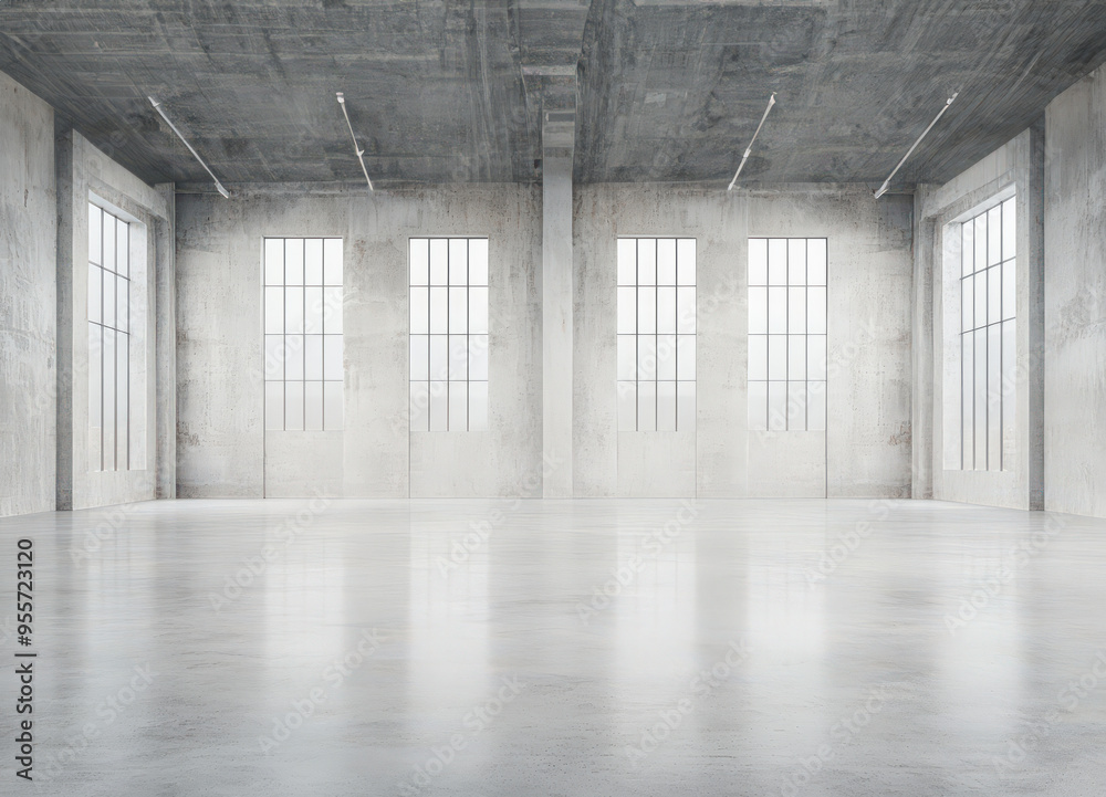 Fototapeta premium Empty Industrial Loft with Large Windows and Concrete Floor