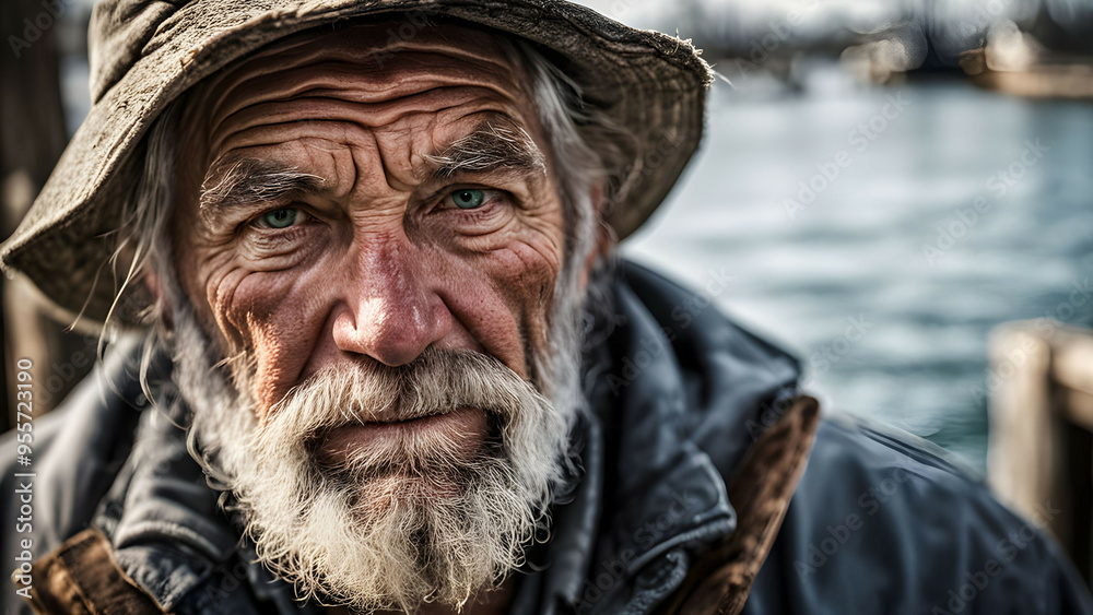 Elderly fisherman in a weathered hat stands by the dock near calm waters, capturing a moment of serenity in his daily life Elderly fisherman in a weathered hat stands by the dock near calm waters, capturing a moment of serenity in his daily life
