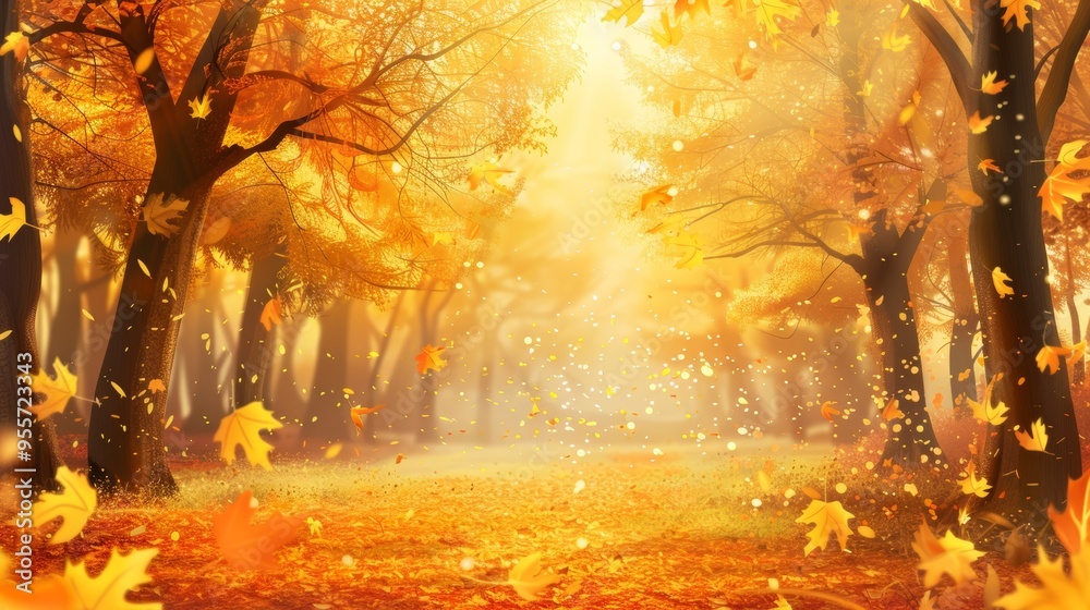 Fototapeta premium Stunning autumn scene featuring golden trees and vibrant foliage in a sunlit park setting