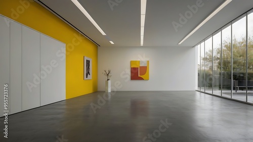 Yellow and white interior design modern room with a slight sunlight from windows classy furniture