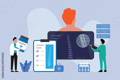 Orthopedist with magnifying glass examines back of patient