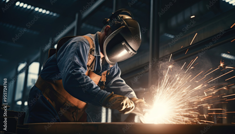Welder wearing a helmet and safety goggles is welding metal against a factory industrial background. Welder wearing a helmet and safety goggles is welding metal against a factory industrial background.