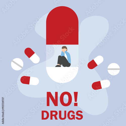 NO Drugs concept. Drug addicted man. A big jar of prohibited substances