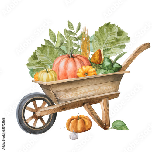 Wheelbarrow with autumn vegetables, isolated on transparent background