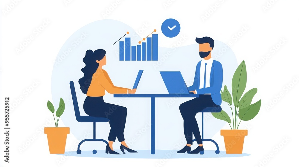 Two professionals discuss data trends in a modern office, surrounded by plants, symbolizing growth and collaboration. Two professionals discuss data trends in a modern office, surrounded by plants, symbolizing growth and collaboration.