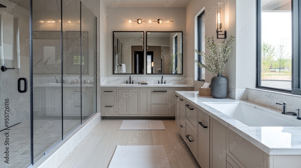 Black fixtures set the tone in this modern bathroom with a glass-walled soaking tub and a double vanity with quartz countertops. Black fixtures set the tone in this modern bathroom with a glass-walled soaking tub and a double vanity with quartz countertops.