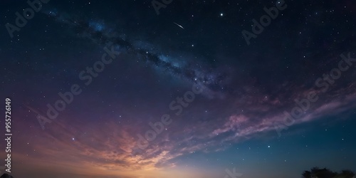 Starry night beautiful landscape, indigo night colored sky with clouds, mountains visible in horizon