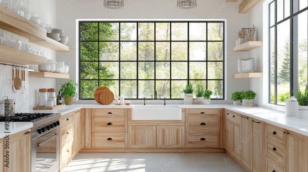 Fototapeta premium Bright and airy kitchen with large windows, open shelving, and a blend of natural wood and white finishes.