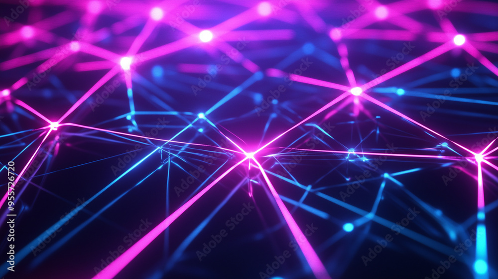 Abstract network of glowing pink and blue neon lines intersecting in a dark space, representing digital connectivity, technology, and futuristic communication. Abstract network of glowing pink and blue neon lines intersecting in a dark space, representing digital connectivity, technology, and futuristic communication.