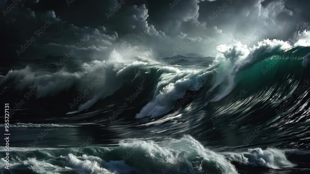 Dramatic Ocean Waves Under Stormy Night Sky in Smooth Cinematic Motion Dramatic Ocean Waves Under Stormy Night Sky in Smooth Cinematic Motion