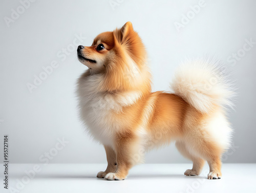 Adorable Pomeranian dog standing proudly, showcasing its fluffy coat and playful personality against a neutral background.