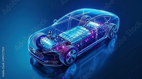 Electric Car Chassis with Wireframe and Glowing Lines
