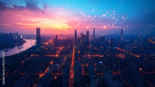 Wallpaper Mural smart city with glowing connected lines Torontodigital.ca