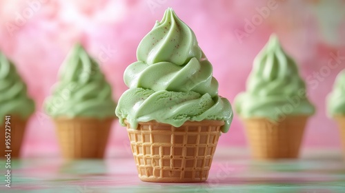 swirling matcha ice cream in a golden waffle cone dripping down the sides with vibrant green hues against a pastel background photo