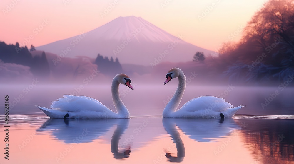 Fototapeta premium timeless serenity pair of graceful swans glide on mirrorlike lake iconic mount fuji rises majestically in background soft pastel hues evoke traditional japanese aesthetics