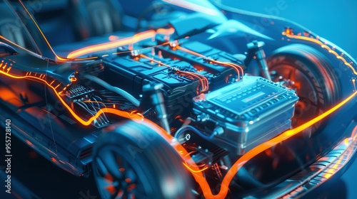 Electric Car Engine with Glowing Orange Wiring photo