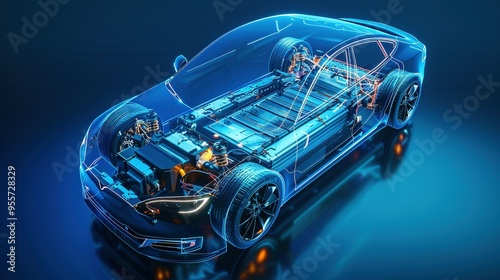 Transparent Electric Car with Visible Battery and Engine