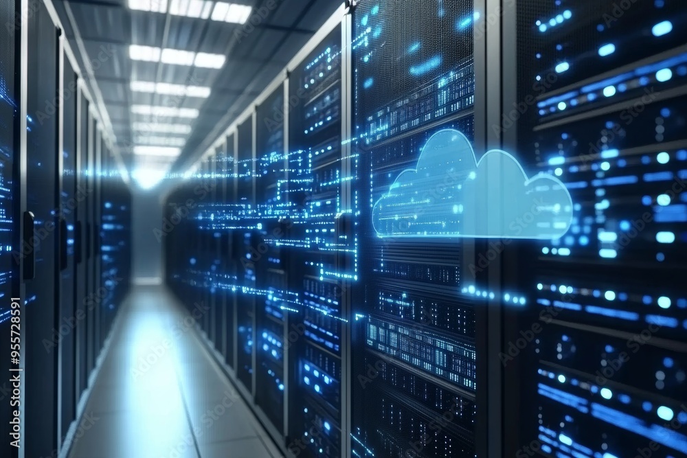 Data Streams in the Digital Fortress: A glowing cloud icon hovers amidst rows of servers in a high-tech data center, representing the power of cloud computing in the digital age. Data Streams in the Digital Fortress: A glowing cloud icon hovers amidst rows of servers in a high-tech data center, representing the power of cloud computing in the digital age.