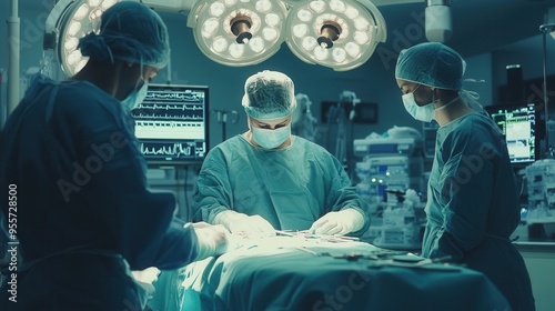 A team of surgeons focuses intently on performing a critical operation, surrounded by advanced medical equipment in a sterile environment. Generative AI