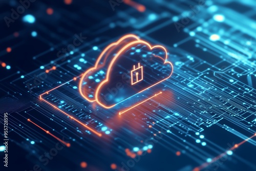 Cloud Computing Power: A glowing cloud icon with a battery symbol, nestled within a circuit board, symbolizes the power and energy of cloud computing. This evocative image speaks to the limitless pote