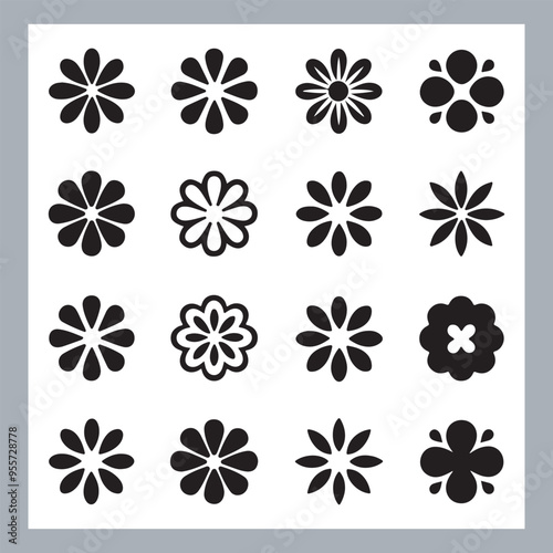 Set of logotype icons flowers Rose, Tulip, Orchid, Sunflower, Lily, Daisy, Daffodil, Jasmine, Lavender, Marigold, Peony, Chrysanthemum, Hibiscus, Poppy, Violet silhouettes in white background