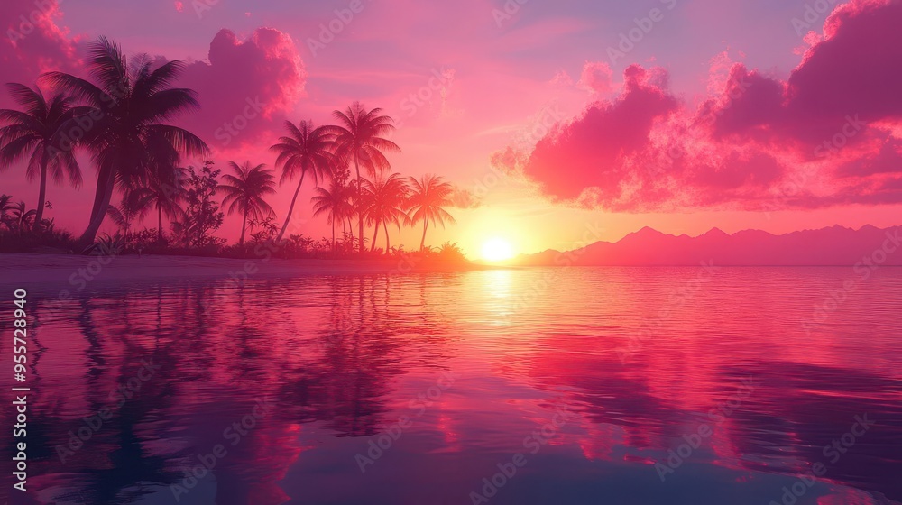 tropical beach scene at sunset with stylized palm tree silhouettes vibrant gradient sky blends warm oranges and pinks reflecting off the tranquil ocean surface for a dreamy summer ambiance tropical beach scene at sunset with stylized palm tree silhouettes vibrant gradient sky blends warm oranges and pinks reflecting off the tranquil ocean surface for a dreamy summer ambiance
